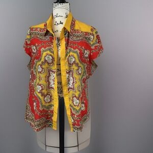 Pura Vida‎ Button-Up Top Short Sleeve Paisley Print Blouse Yellow Red L
